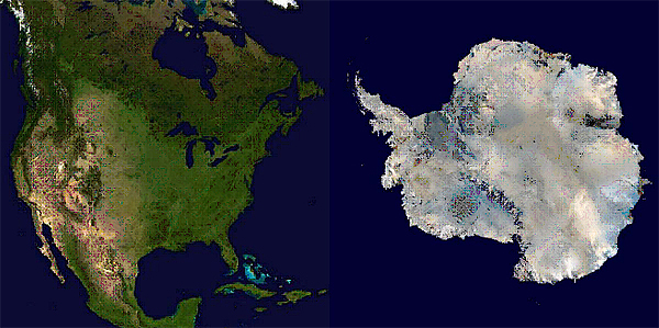 Map comparing the sizes of the United States and Antarctica